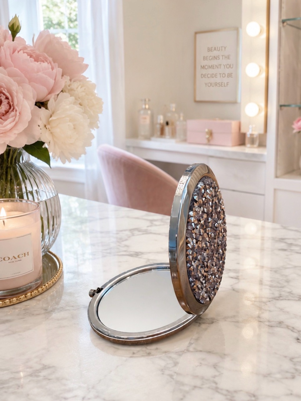 Mirror Compact Sparkling Grey Crystals NWT